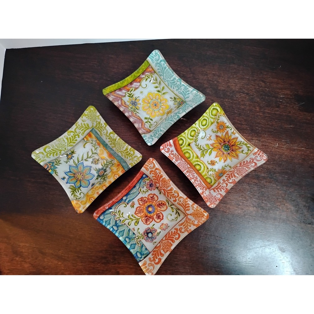Set of 4 Bohemian Floral Glass Square Appetizer Plates 5in Multi-Color Eclectic
